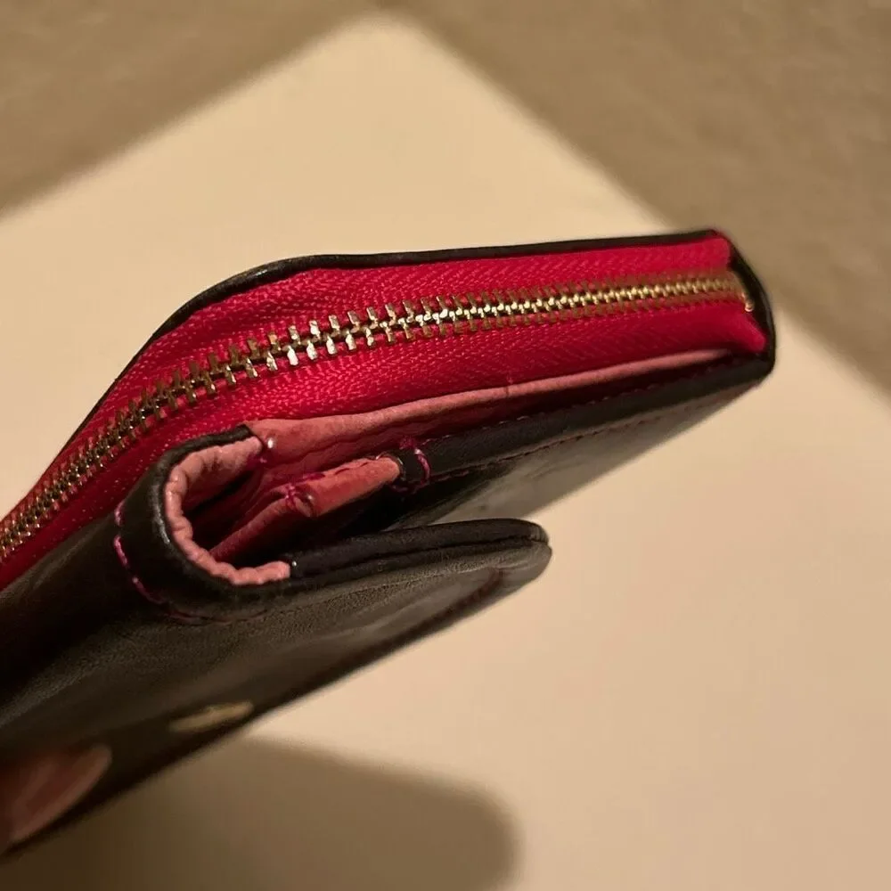 Frame Work Black Leather Long Wallet Hot Pink Contrast Stitch Accent Y2K Style